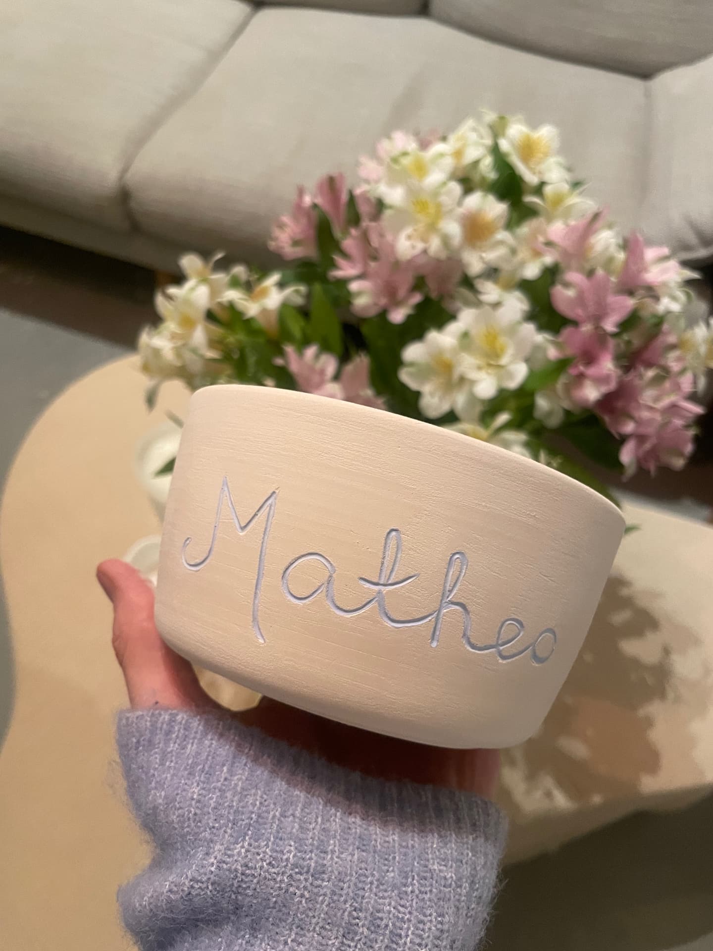 Unfired Matheo bowl in soft lavender script